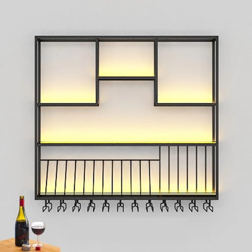 Weinregal Wand Metall Flaschenregal Schmal mit Licht Wine Rack Bar Regal Wand Schmal Weinschrank Hausbar Barschrank mit Weinglashalter Getränke Regal Mini Bar für Küche Bar Esszimmer(39*47*8IN_STYLEB)