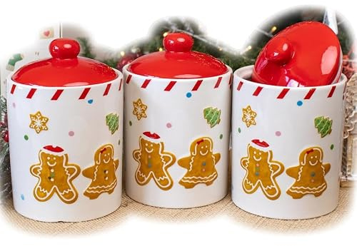 Darthome Set Of 3 Gingerbread Cookie Storage Jars Ceramic Christmas Kitchen Canisters