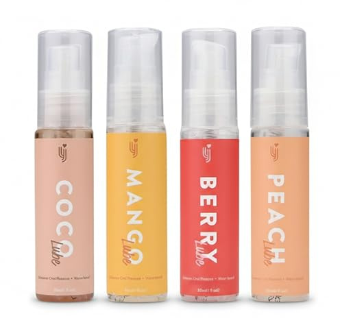 Loving Joy Set de lubricantes de sabores, Pack de 4 lubricantes de sabores, Kit de lubricantes comestibles con lubricante de fresa, melocotón, chocolate y mango Transparente 4 unidades (paquete de 1)