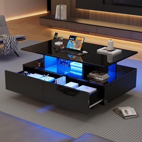 Merax Couchtisch in Hochglanz Schwarz, Wohnzimmertisch mit LED Beleuchtung, Kaffeetisch mit 2 Schubladen, offenen Fächern, Moderner Sofatisch Beistelltisch Teetisch, Eleganter Mitteltisch Rechteckiger