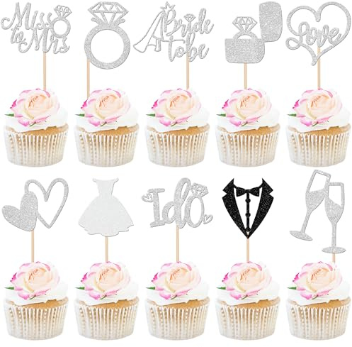 30 Stück Bride to Be Tortendeko Glitzer Hochzeit Cupcake Toppers Liebe Herz Diamant Ring Braut und Bräutigam Kuchen Deko für Verlobung Hochzeiten Thema Party Kuchen Dekorationen Silber Neu