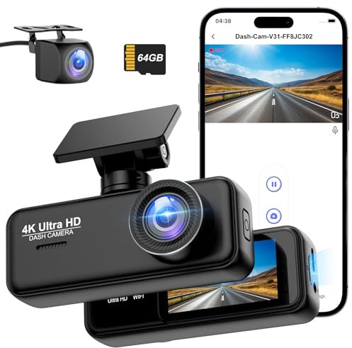 Dash Cam Front and Rear 4K+1080P, DYNACAM Dash cam Inserted 64GB SD Card, Built-in WiFi Car Camera Dash Cam, Super Night Vision Dashcam, 24H Parking Mode, G-Sensor, Loop Recording Dashboard Camera