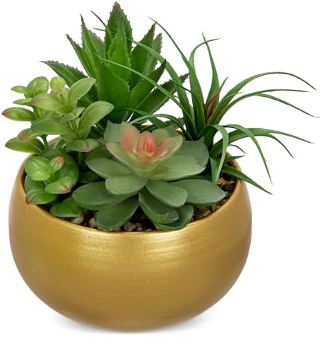 Briful Fake Plants Artificial Succulents in Gold Metal Pot - 7 Faux Succulent Potting Mix Decorative Artificial Plants for Desk, Shelf & Tabletop Home Decor
