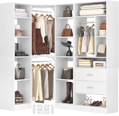 Besiost Corner Closet System with 2 Sets, 63.2 Corner Closet Organizer System with 2 Drawers + 18 Shelves + 3 Hanging Rods, Reversible L Shaped Walk-in Closets, White (63.2 L x 39.2 W x 80 H)