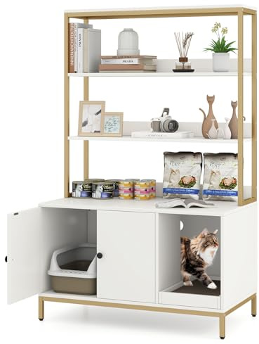 COSTWAY Cat Litter Box Enclosure, Hidden Cats Washroom Furniture with 2/3-tier Storage Shelves, Removable Scratching Pad, Wooden Cat House Bookshelf (White, 90x50x145cm)