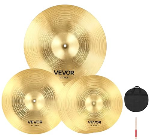 VEVOR 3-teiliges Beckenset, Becken aus Legierung, Schlagzeug Set inklusive 355 mm HiHat 400 mm Crash 505 mm Ridebecken, Drumsticks und Beckentasche, Beckenpaket für Schlagzeuger