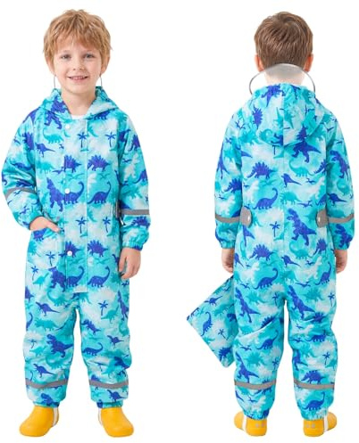 FILOWA Puddle Suit Kids Waterproof All in One Rainsuit Breathable Hooded Raincoat Boys Lightweight Dinosaur Printed Rainwear with Reflective Strip School Muddy Suit for Toddler 1-3 Years, Blue