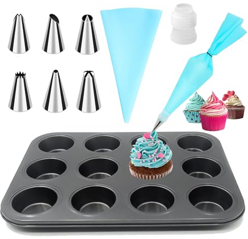 12 Cup Muffin Tray, Premium Silicone Muffin Moulds, Non Stick Muffin Cupcakes Tin, Heat Resistant Baking Tray for Muffins Cupcakes Desserts, Bun Pudding, including Piping Bags and Nozzles Set