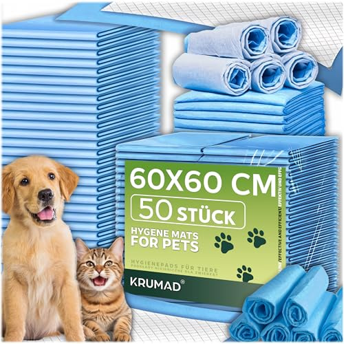 KRUMAD Trainingspads für Hunde, 50 Stück, 6-Schichten, PIPI Matten für Hunde, Trainingsmatte für Welpen, Inkontinenzunterlagen, Wasserdicht, Hunde Zubehör, 60 x 60 cm