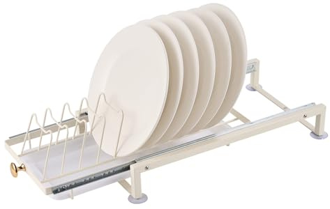 Jekero Tellerständer, Platzsparender Abtropfgestell, Schränke Geschirrregal, Ausziehbarer Küchen Teller Halter, mit Auffangwanne,Küchenteller Aufbewahrung, Hält Ihre Küche ordentlich, weiß