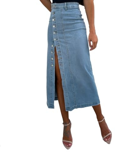 2025 Damen Jeansrock mit Schlitz, Stretch, hohe Taille, Knopfleiste mit Taschen