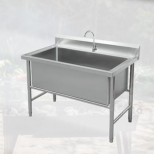 DQSPDBD Fregadero grande de acero inoxidable independiente de cocina comercial, fregadero industrial de un solo tazón con protector contra salpicaduras, fregadero para lavandería con grifo frío