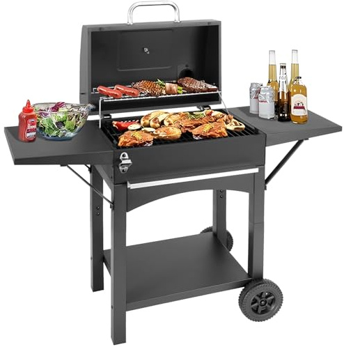 Portable BBQ Barbecue Grill Outdoor Compact Smoker Barbeque Charcoal BBQ Grill Smoker with Side Shelves Temperature Gauge, Warming Rack, and Air Vents for Camping and Garden