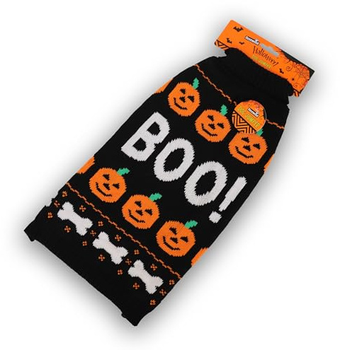 Rosewood Halloween Boo Dog Jumper – Knitted Dog Sweater with BOO Design – Soft & Cosy Halloween Dog Outfit – Warm Autumn Pet Clothing for Dogs - Medium