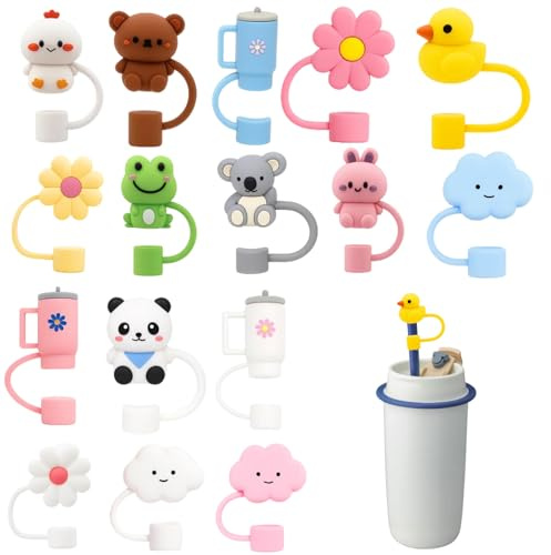 16Pcs Silicone Straw Covers for Stanley Cup, Adorable Animal Designs Straw Toppers, Universal Fit for 10mm Straws, Dust-Proof Reusable Stanley Cup Accessories