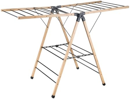 Amig - Stendibiancheria pieghevole con ali Mod. Aeria NaturDry - Acciaio epossidico e bambù - Stendino per biancheria - 13 m di spazio di stenditura - 137x62x92 cm - Colore nero/bambù