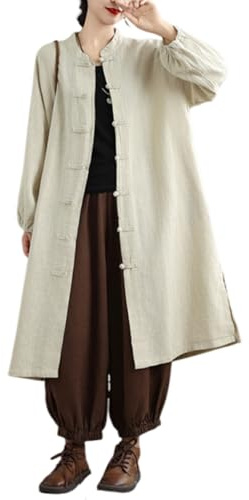 PRINCESS BRIDE Giacca lunga da donna in cotone capispalla cardigan top semplice vestiti silenziosi cappotto in misto lino, Beige, M