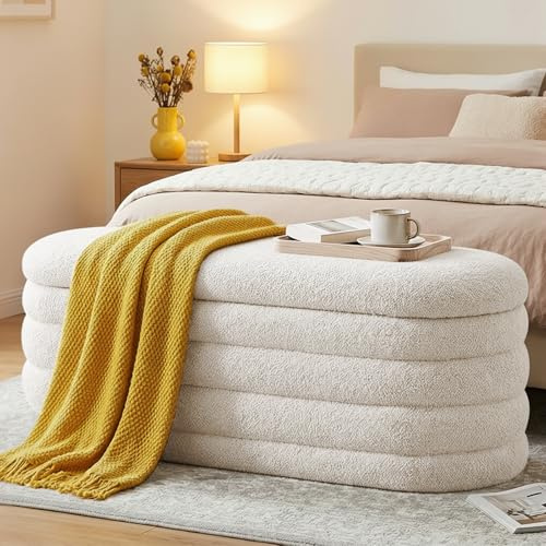 Ckaff Sitzbank mit Stauraum 115cm, Sitzbank mit Beinen, Oval, Aufbewahrungsbox, bis 300 kg belastbar, Gepolstert, mit Stauraum, Schlafzimmer, Flur, Polsterhocker, Sherpa, Weiß