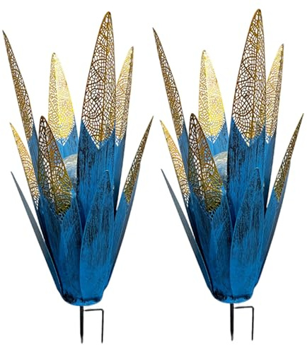 Xoeryoy Plantas de Agave de Metal para decoración al Aire Libre, Paquete de 2 Luces solares de jardín con diseño de Corte único, luz LED para decoración artística de Patio, césped, Azul