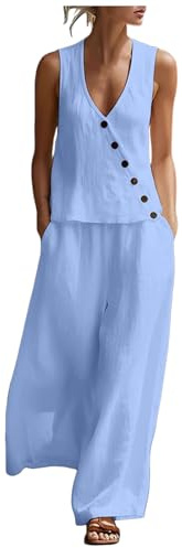 Tuta Donna Completa Lino 2 Pezzi Pantaloni Lungo Senza Maniche Bluse Estivo Tuta Elegante Completo Casual Set Estiva Traspirante Completi Elegante Set Due Pezzi Donna Completino Casuale Mare Completo