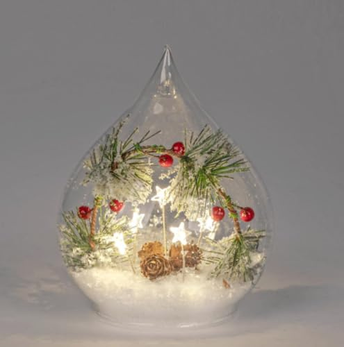 formano Deko-Tropfen Dekokugel LED + Timer Glas mit Tanne Beeren Schnee gefüllt
