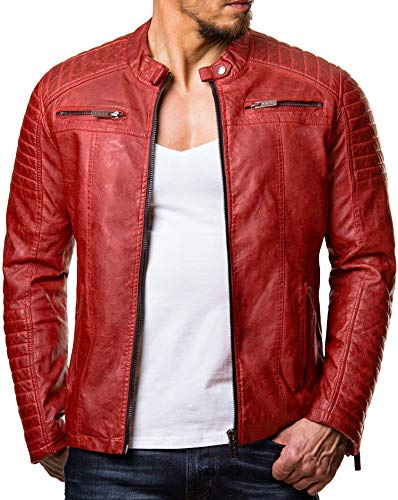 Red Bridge Hommes Veste Simili-Cuir Côtelé Cuir-Véritable Blouson Transition Moto Coton Vestes, Rouge - Similicuir, M