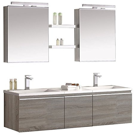StoneArt Badmöbel-Set mit Mineralguss Waschbecken und Unterschrank und LED Spiegelschrank Waschtisch als Einzel- oder Doppelwaschbecken Milano ME-1600-1 Eiche hell 160cm