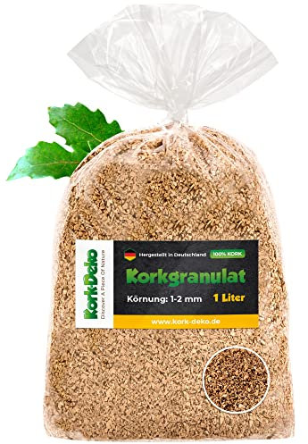 1 Liter Korkgranulat, FEIN (1-2 mm) (Kork-Substrat, Kork-Schrot) für Terrarien (Reptilien), Terrariensubstrat (Späne, Einstreu, Bodengrund) oder Dekoration/Modellbau