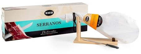 COFFRET JAMBON ESPAGNOL (ÉPAULE) avec kit Support à jambon et Couteau. Aprox. 4,5 kg À offrir en toutes occasions.