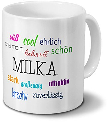 digital print Tasse mit Namen Milka - Motiv Positive Eigenschaften - Namenstasse, Kaffeebecher, Mug, Becher, Kaffeetasse - Farbe Weiß