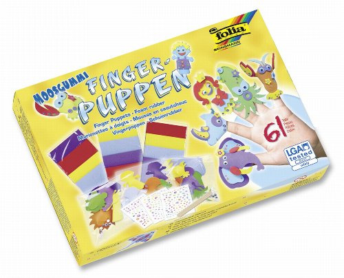 folia 23019 - Moosgummi Fingerpuppen, 61 teiliges Bastelset für Kinder zum Gestalten von 15 lustigen Fingerpuppen aus Moosgummi