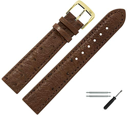 MARBURGER Uhrenarmband 18mm Leder Braun Gold Strauß Prägung Mit Naht - Montage Set 8101831000220