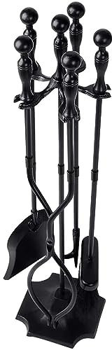 Amagabeli 5 Pezzi Set di Strumenti per Camino Manico Nero Set di Attrezzi per Fuoco Grande in Ferro battuto e Supporto Set di Accessori per Fuoco da Esterno Set di Accessori in Legno
