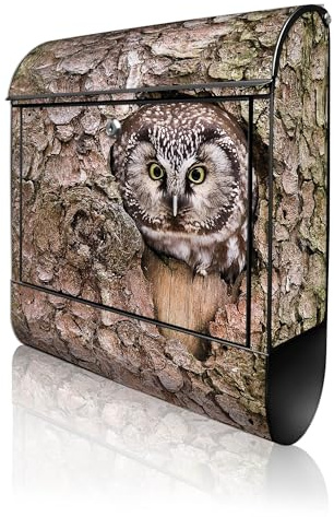 banjado Design Briefkasten 38,5x46,5x13cm & 2 Schlüssel - Briefkasten Stahl Schwarz mit Zeitungsfach pulverbeschichtet - Postkasten A4 Einwurf inkl. Montagematerial - Motiv Eule