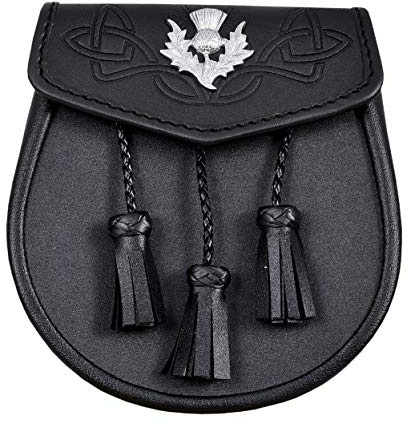 Shyne Kilts UK, borsa tradizionale scozzese Sporran in pelle goffrata con 3 nappine e simbolo con cardo, borsa Sporran da giorno