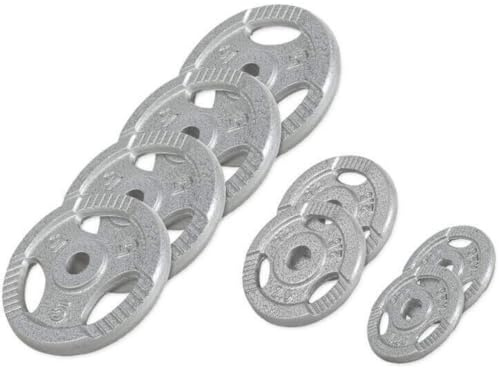 GORILLA SPORTS® Viktskivor - Enkel/Set, 0,5 kg, 1,25 kg, 2 kg, 2,5 kg, 5 kg, 10 kg, 15 kg, 20 kg, 27,5 kg, 30 kg vikter, Tri-Grip, 30 mm, Gjutjärn, Silver/Svart - Viktskivor, hantlar set