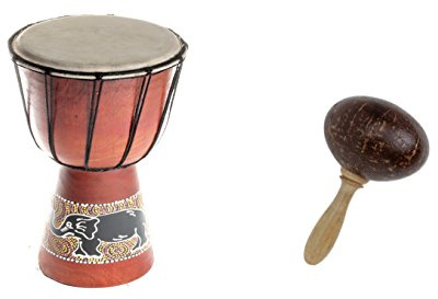 40cm Anfänger Djembe Trommel Bongo Drum Holz Bunt Elefant + Kokos Rassel Maraca R2