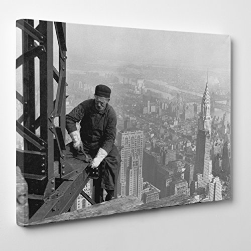 Quadro su Tela Canvas - INTELAIATO - Pronto da Appendere - New York - Empire State Building - Operaio al Lavoro su grattacielo USA America - 70x100cm - Senza Cornice - (cod.388)