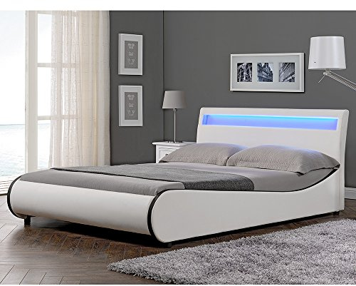 Corium Lit Double Rembourré Éclairage LED Integré Sommier à Lattes 180 x 200 cm Housse Similicuir Blanc Noir