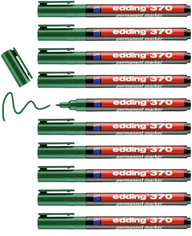 edding 370 Permanentmarker - grün - 10 Stifte - feine Rundspitze 1 mm - wasserfest, schnell-trocknend - Multimarker, Universalstift - für Karton, Kunststoff, Holz, Metall, Glas, Stein, Leinwand
