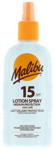Malibu Sun SPF 15 Lotion Spray, Medium Protection Sun Cream, Water Resistant, Vitamin Enriched, 200ml