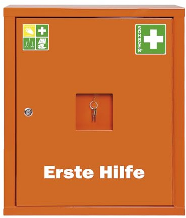 SÖHNGEN First Aid Cabinet in Accordance with DIN 13169 Single Door Signal Orange H x W x D 560 x 490 x 200 mm Without Contents Pharmacy Pharmacy Medicine Cabinets Operational Safety First Aid Cabinet First Aid Cabinet Wall Cabinet Medicine Cabinet
