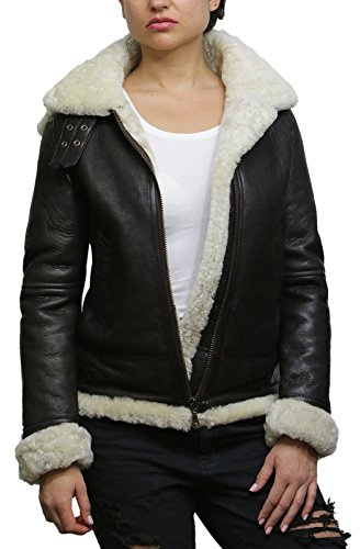 BRANDSLOCK Damen-Winterjacke im Fliegerstil aus echtem Schaffell mit Kapuze