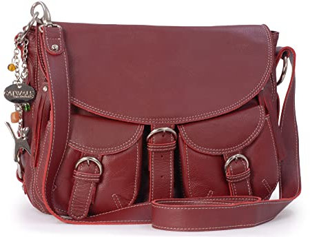Catwalk Collection Handbags - Damen Leder Umhängetasche - Crossbody Bag/Handtasche Groß - Für Notizbuch A5 - Verstellbarer Gurt - Courier - Rot