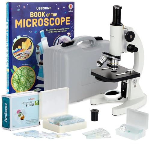 AmScope M60C-ABS-PS25-WM Beginner Microscope Kit, Mirror Illumination, WF10x and WF20x Eyepieces, 40x-1000x Magnification, Includes Case, Set of 25 Prepared Slides, and Book