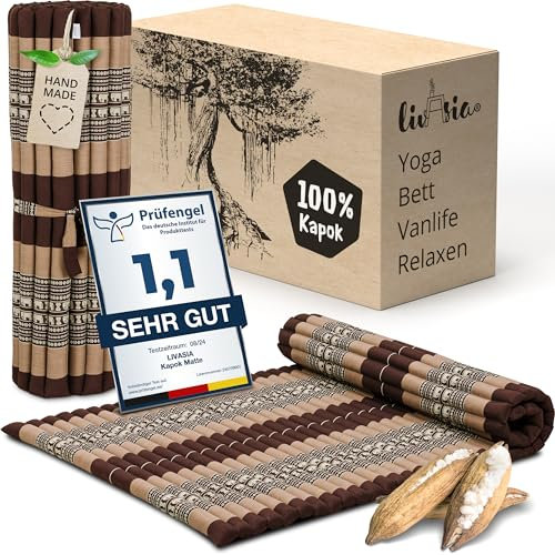 livasia colchón/esterilla enrollable L amplio y cómodo - 200x110x4,5cm - Cama invitados bordada 1 persona, Cama de viaje, Esterilla tailandesa de kapok para jardín/balcón artesana (Marrón/Elefantes)