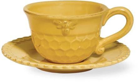 Boston International Embossed Stoneware Teacup and Saucer Set, 8-Ounces, Honeycomb