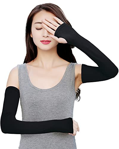 Bellady Women Stretchy Long Arm Sleeves Fingerless Gloves Arm Cover, Black, One Size