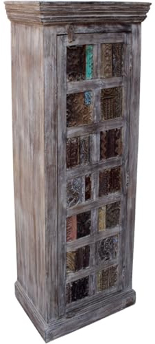 Beistellschrank, Kommode mit Blockdruckstempeln aus Holz, Modell 32 | Antik weißer Schrank, massivem Holz, filigrane Schnitzereien, einzigartig, kolonialer Stil, handgefertigt in Indien.