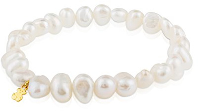 TOUS Pulsera de Perlas Barrocas para Mujer con Motivo Oso en Oro Amarillo de 18kt, 17.5 cm de Largo, Elegante y Atemporal, Colección Sweet Dolls